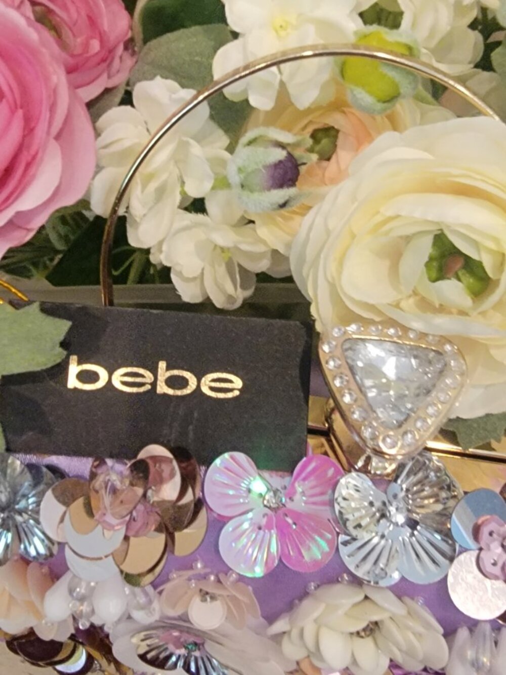 Bebe Clutch Purse Purple, Pink, Cream, Silver Flowers - Picture 4 of 6